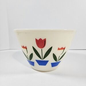 Vintage Fire-King Milk Glass Mixing Bowl Red Tulip Blue Pot Mid-Century 9.5 Inch